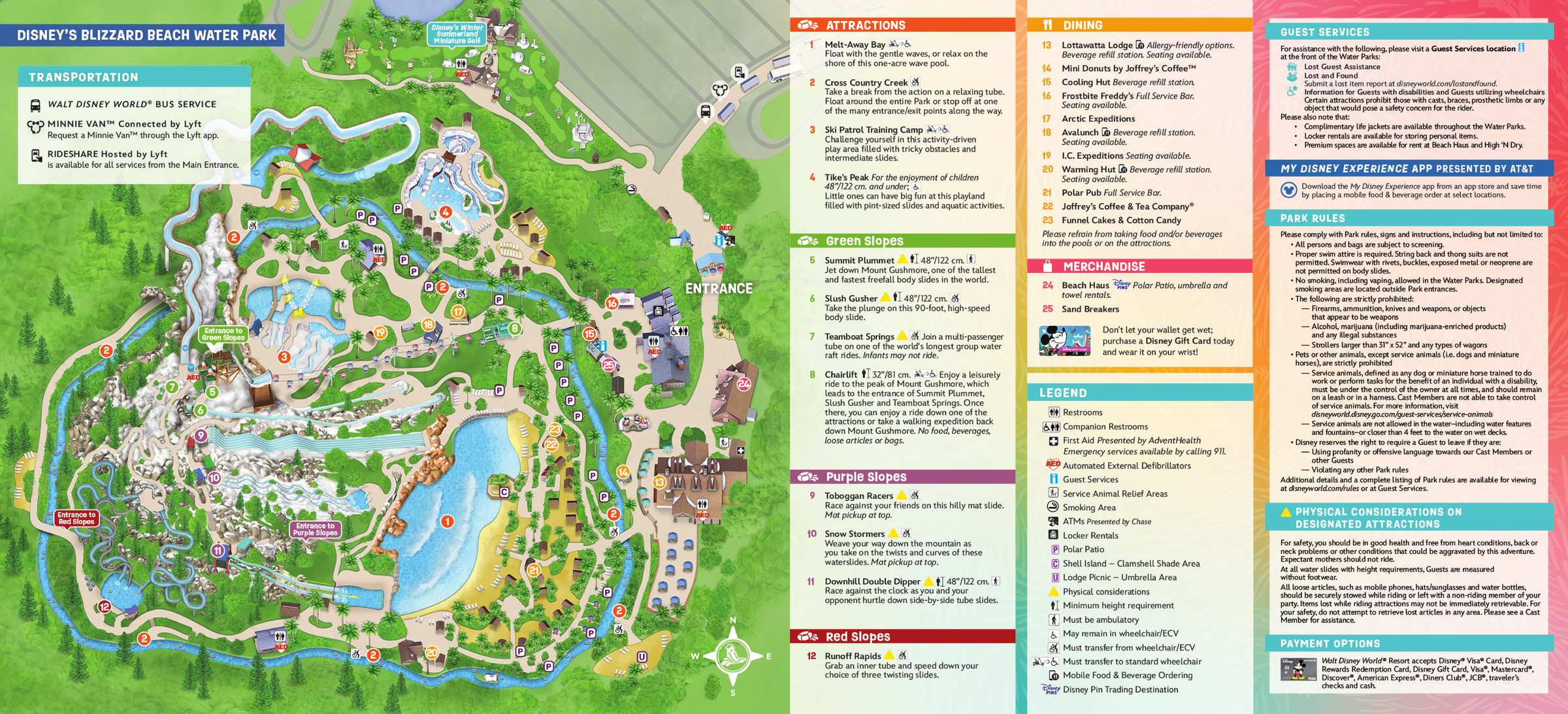 Disney Water Parks interactive map showing both Blizzard Beach and Typhoon Lagoon layouts with all slides and attractions